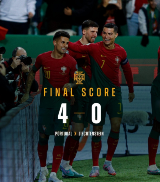 欧预赛-葡萄牙4-0轻取列支敦士登 C罗双响坎塞洛传射+造点