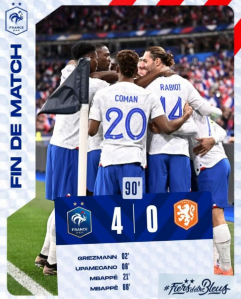 欧预赛-法国4-0荷兰开门红 姆巴佩2射1传格列兹曼破门德佩失点
