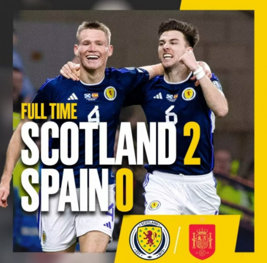 欧预赛-苏格兰2-0完胜西班牙 麦克托米奈梅开二度
