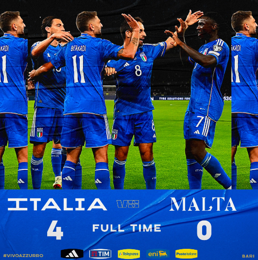 欧预赛-意大利4-0轻取马耳他，贝拉尔迪梅开二度，博纳文图拉破门