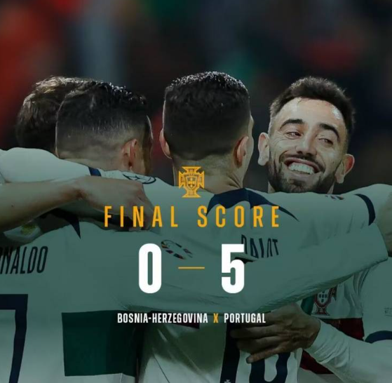 欧预赛-C罗2射1传B费传射 葡萄牙5-0大胜波黑锁小组头名
