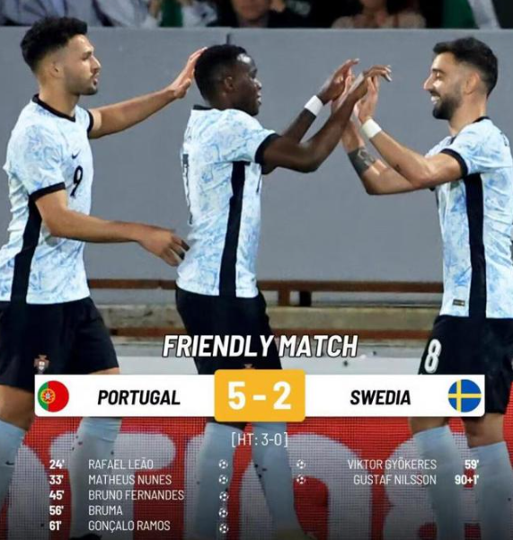 友谊赛-葡萄牙5-2大胜瑞典，努内斯、莱奥破门，B费传射