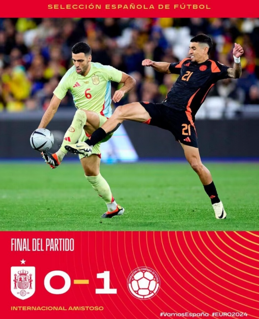 友谊赛-西班牙0-1负哥伦比亚，迪亚斯助攻，穆诺兹破门